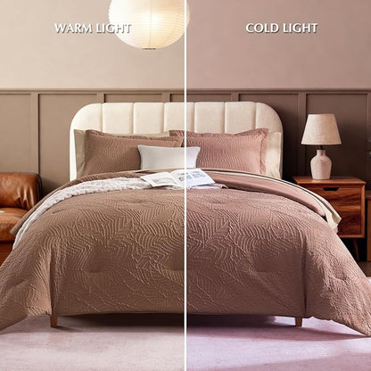 Geniospin Queen Comforter Set - 7 Pieces Brown Textured Queen Bedding Sets with Comforter, Sheets, Pillowcases & Shams，All Season Brown Bedding