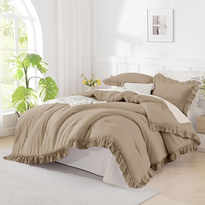 Andency Taupe Full Size Comforter Set, 3 Pieces Boys Men Solid Bedding Comforters & Sets, All Season Farmhouse Fluffy Bed Set Bedspread Blanket Quilts Gifts