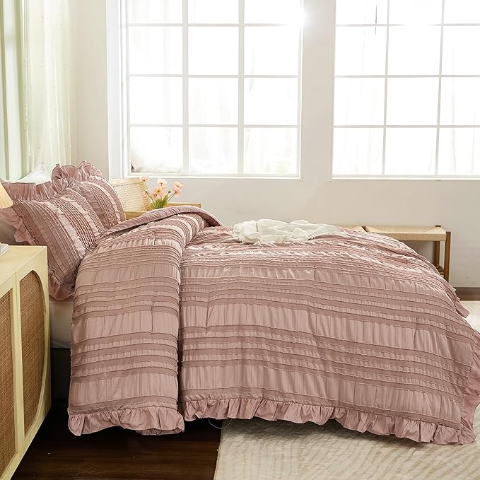 WONGS BEDDING Pink Comforter Set Queen,3 Pieces Ruffle Farmhouse Shabby Chic Boho Comforter for Queen Bed,Soft Seersucker Textured Bedding Set with 1 Ruffle Comforter,2 Tufted Pillowcases 90"×90"
