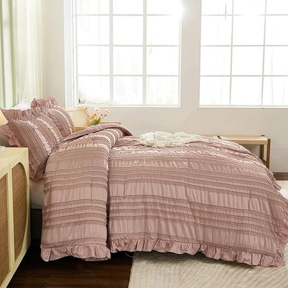 WONGS BEDDING Pink Comforter Set Queen,3 Pieces Ruffle Farmhouse Shabby Chic Boho Comforter for Queen Bed,Soft Seersucker Textured Bedding Set with 1 Ruffle Comforter,2 Tufted Pillowcases 90"×90"