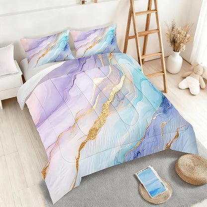 Marble Comforter Set King Size for Kids Women Men Watercolor Bedding Sets for Bedroom Decor Abstract Luxury Purple Blue Green Gold Quilt Set with 1 Comforter + 2 Pillowcases