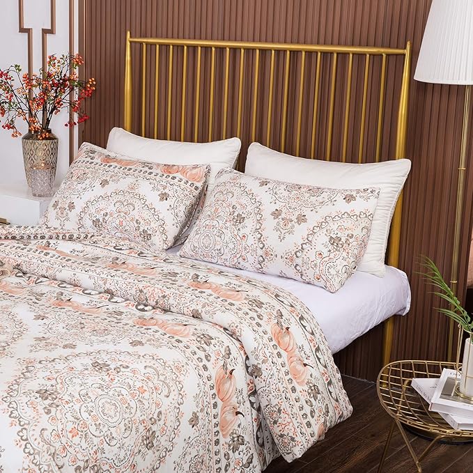 CLOTHKNOW Brown Floral Queen Comforter Set Botanical Bedding Comforter Sets Boho Comforter Pumpkin Comforter Queen with 2 x Pillow Cases