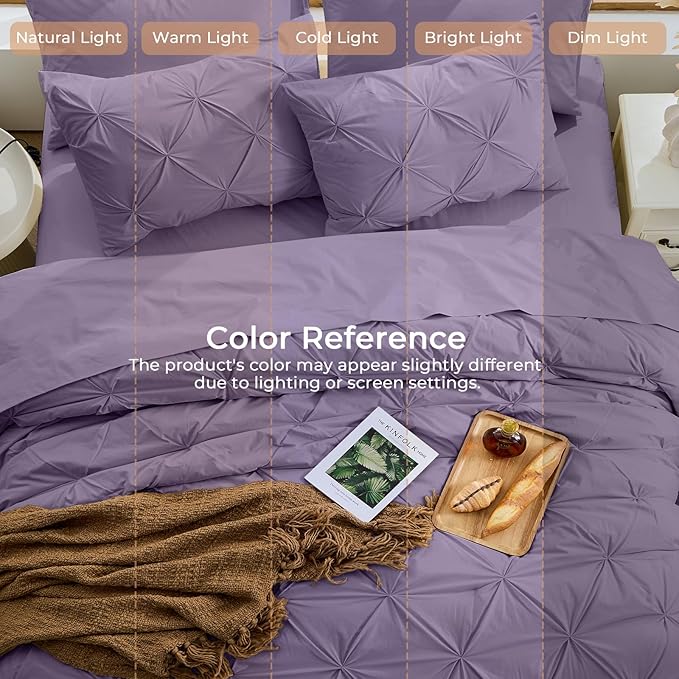 Sasttie Twin Comforter Set, 5-Piece Bed in a Bag, Pintuck Bedding Sets for All Season, Includes Comforter, Flat Sheet, Fitted Sheet, Pillowcase and Pillowsham, New Purple