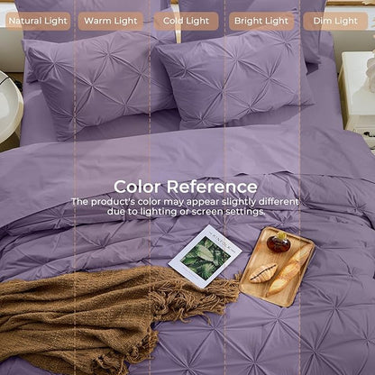Sasttie Twin Comforter Set, 5-Piece Bed in a Bag, Pintuck Bedding Sets for All Season, Includes Comforter, Flat Sheet, Fitted Sheet, Pillowcase and Pillowsham, New Purple