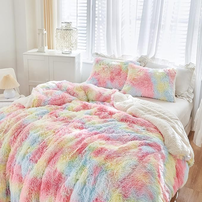 Luxury Faux Fur Shaggy Comforter Set Twin Size, Plush & Sherpa Reversible Comforter Tie Dye Rainbow, 3 Pieces Fluffy Fuzzy Bedding Set Ultra Soft and Warm for Winter (1 Comforter + 2 Pillowcases)