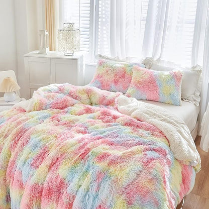 Luxury Faux Fur Shaggy Comforter Set Full/Queen Size, Plush & Sherpa Reversible Comforter Tie Dye Rainbow, 3-Piece Fluffy Fuzzy Bedding Set Ultra Soft and Warm for Winter (1 Comforter + 2 Pillowcases)