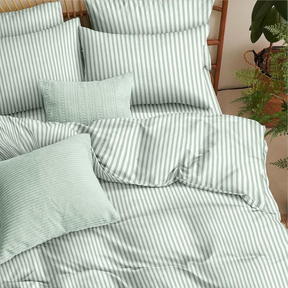 Nayoroom Green Striped Comforter Set Queen Size White Stripe Comforter 3 Pieces Girls Soft Lightweight Pinstripe Dorm Bedding Set for All Seasons