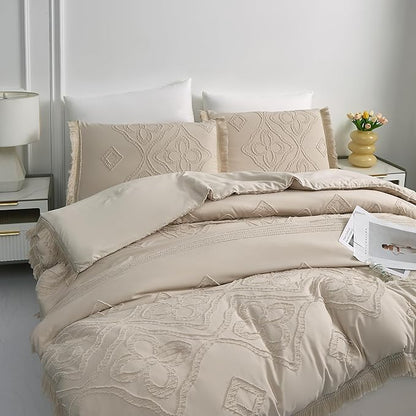 Boho King Size Comforter Set Beige 3 Pieces Tufted Tassel King Comforter Set Prime Lightweight Down Comforter King Size Beige Farmhouse Boho Bedding Shabby Chic Fluffy Comforter Bed Set Gift Choice