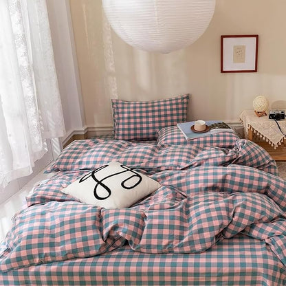 mixinni Plaid Comforter Set Queen - 3 Piece Soft Geometric Checkered Comforter with 2 Pillow Shams, Modern Gingham Pattern Bedding Set for All Season, Breathable & Soft Cozy (Pink, Purple, Blue)