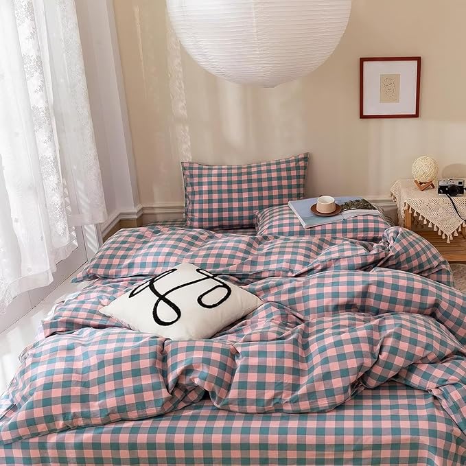 mixinni Plaid Comforter Set King - 3 Piece Soft Geometric Checkered Comforter with 2 Pillow Shams, Modern Gingham Pattern Bedding Set for All Season, Breathable & Soft Cozy (Pink, Purple, Blue)