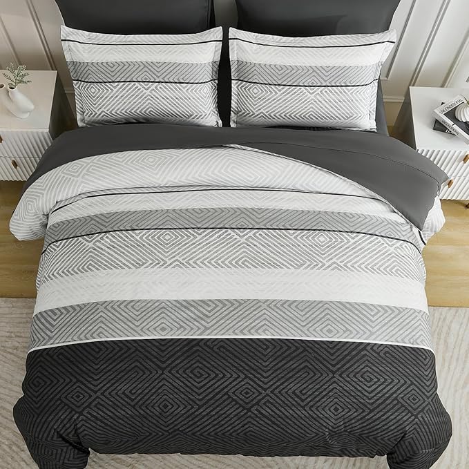 Drucon Black and Grey Comforter Set King Size 7 Piece Bed in a Bag, Boho Striped Bedding Set, Soft Microfiber Comforter and Sheet Set for All Season (King, 104"x90")