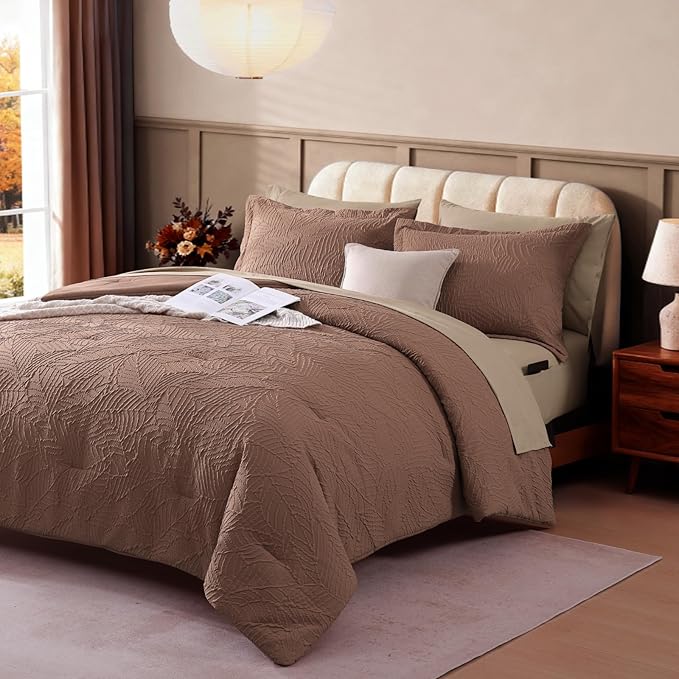 Geniospin Twin Comforter Set - 5 Pieces Brown Textured Bed in Bag, Twin Bedding Sets with Comforter, Sheets, Pillowcases & Shams，All Season Brown Bedding