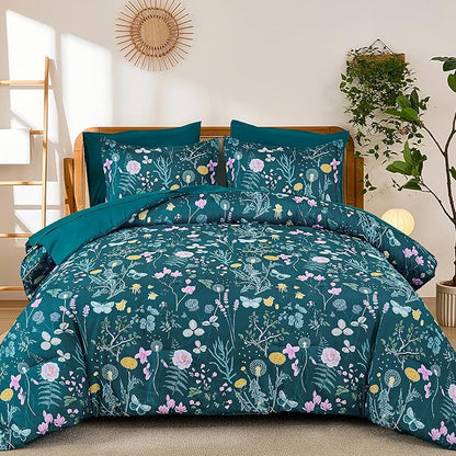 Yiran Teal Blue Comforter Set King Size, 7 Piece Floral Botanical Comforter Bedding Set, Farmhouse Bed in a Bag, Soft Microfiber Complete Bedding Set with Sheets for All Season