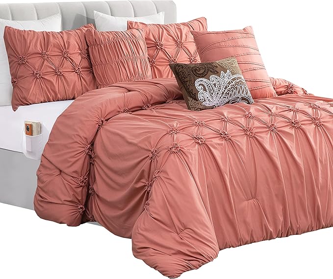 Elegant Comfort 12-Piece Bed-in-a-Bag, Ella Pleated Ruched Pintuck Comforter Set, 6-Piece Sheet Set Featuring Smart Pockets, Matching Decorative Pillows, All Season Bedding,California King, Dusty Rose