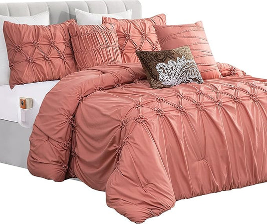Elegant Comfort 12-Piece Bed-in-a-Bag, Ella Pleated Ruched Pintuck Comforter Set, 6-Piece Sheet Set Featuring Smart Pockets, Matching Decorative Pillows, All Season Bedding,California King, Dusty Rose