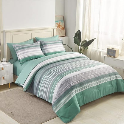 KAKIJUMN 5 Piece Bed in a Bag Stripe Comforter Set Twin Size, White Grey Sage Green Patchwork Striped Comforter and Sheet Set, All Season Soft Microfiber Complete Bedding Set(Green,Twin)