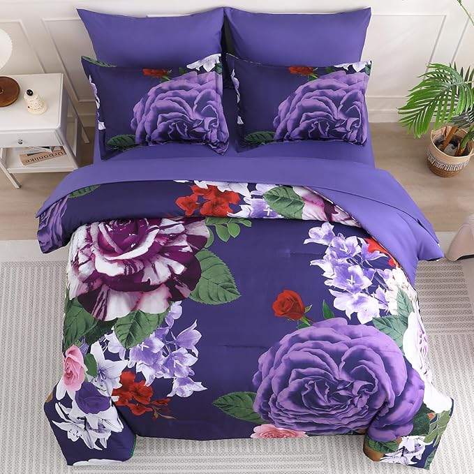 Drucon Dark Purple Floral Comforter Queen Size 7 Pieces Bedding Sets Queen Bed in a Bag, Botanical Floral Comforter with Sheet Set, Soft Microfiber Bedding Set for All Season(Dark Purple, 90"x90")