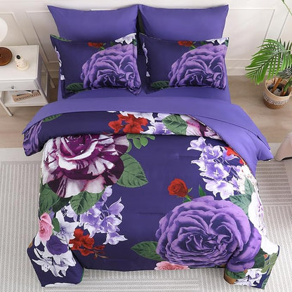 Drucon Dark Purple Floral Comforter Queen Size 7 Pieces Bedding Sets Queen Bed in a Bag, Botanical Floral Comforter with Sheet Set, Soft Microfiber Bedding Set for All Season(Dark Purple, 90"x90")