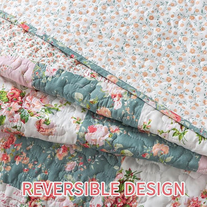 BEDIFANY French Style King Size Quilt Set for Farmhouse - 3 Pieces Cotton Filling Garden Lightweight Bedspreads King with Floral Pattern - All Season Quilt Bedding Sets for Decorations