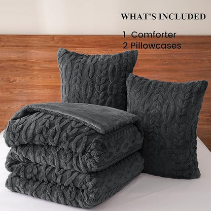 PHF Fluffy Sherpa Fleece Queen Comforter Set, 3 Pieces Warm Fuzzy Soft Bedding for Winter, 3D Tufted Flannel Plush Shaggy Bed Set, 1 Comforter (90"x90") and 2 Pillowcases (20"x26"), Dark Grey