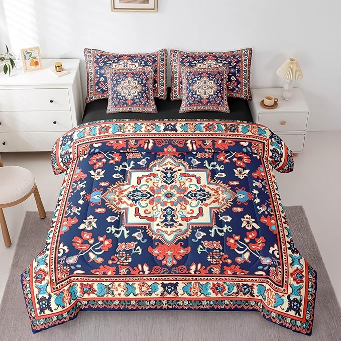 Erosebridal Oriental Twin Comforter Set 7-Piece Vintage Bedding Comforter Sets, Red Blue Art Deco Bed in a Bag Boho Mandala Bedding Set, Aesthetic Hippie Bed Sheets Set for Kids Toddler Bedroom Decor