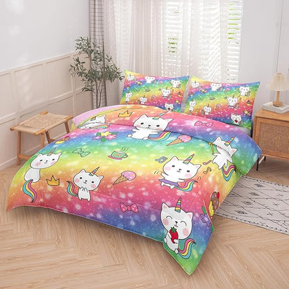 Tailor Shop Cat Comforter Sets Queen Size,Cat Bedding Sets for Girls Kids Teens Rainbow Comforter with 2 Pillowcase…