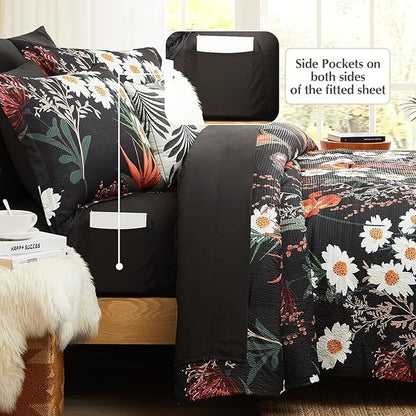 CASAAGUSTO Full Comforter Set, 7 PCS Black Shore Floral Comforter Set with Flowers Leaves Pattern, Soft Seersucker Design All Season Queen Size Bedding Set with Decor Pillow (80"X90")