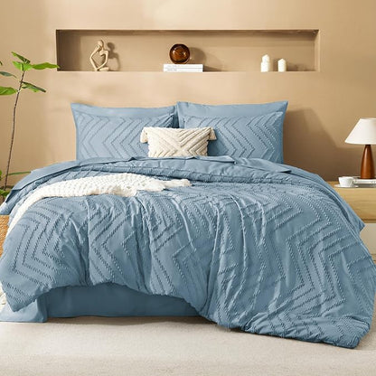 Litanika Twin XL Comforter Set Dusty Blue - Boho Tufted Shabby Chic Bed in a Bag for College Dorm, 5 Pieces Fluffy Soft Farmhouse Bed Set for All Seasons