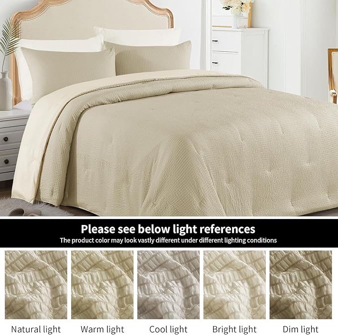 HOMBYS 3 Piece Seersucker Oversized King Comforter Set 128x128, Breathable Beige Soft Comforter Set, Lightweight Down Alternative Comforter, Bedding Comforter Sets with 2 Pillow Shams for All Season