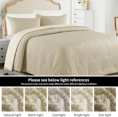 HOMBYS 3 Piece Seersucker Oversized King Comforter Set 128x128, Breathable Beige Soft Comforter Set, Lightweight Down Alternative Comforter, Bedding Comforter Sets with 2 Pillow Shams for All Season