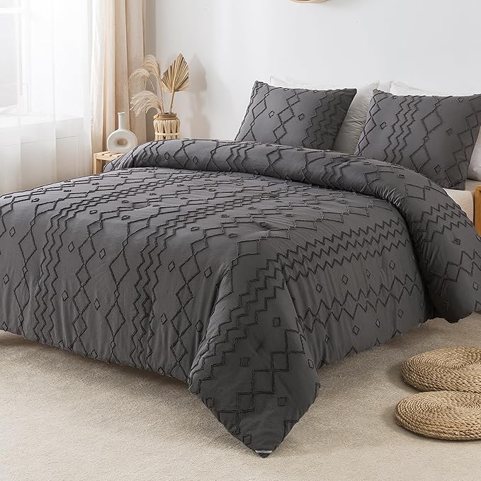 Andency Dark Gray Tufted Comforter Set Queen(90x90Inch), 3 Pieces(1 Tufts Comforter, 2 Pillowcases) Boho Textured Farmhouse Bed, Microfiber Down Alternative Geometric Bedding Set