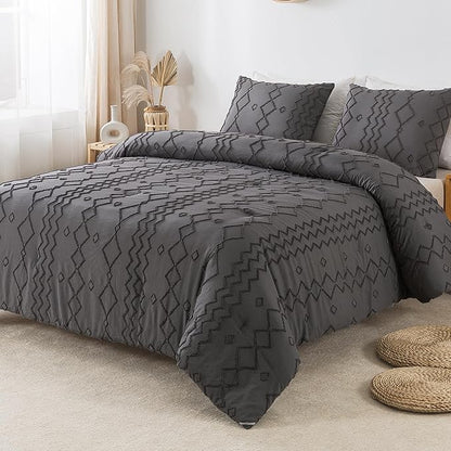 Andency Dark Gray Tufted Comforter Set Full(79x90Inch), 3 Pieces(1 Tufts Comforter, 2 Pillowcases) Boho Textured Farmhouse Bed, Microfiber Down Alternative Geometric Bedding Set