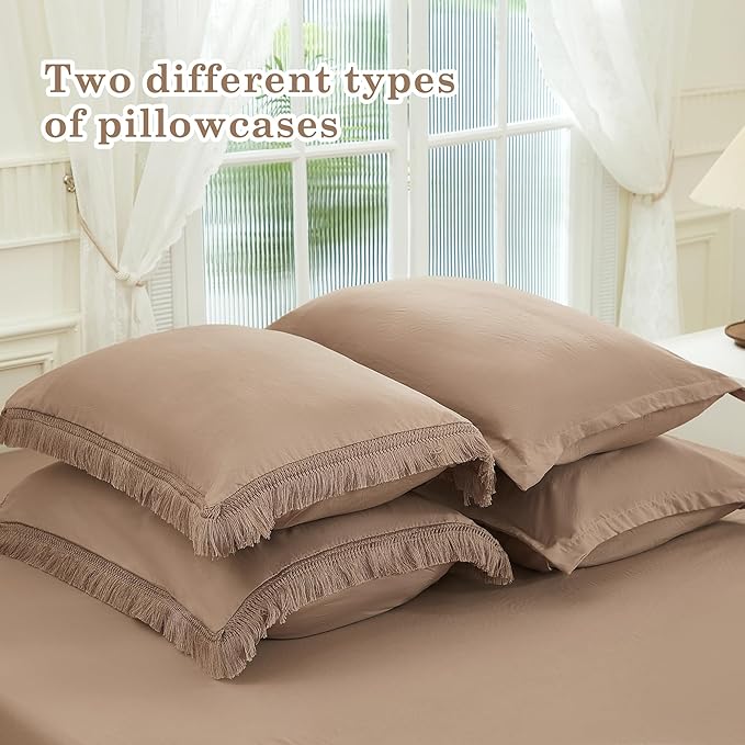Andency Taupe Queen Size Comforter Set with Sheets - 7 Pieces Boho Tassel Bed in a Bag Soft Lightweight Bedding Sets, Taupe Fringe Bed Set with Comforter, Sheets, Pillowcases & Shams