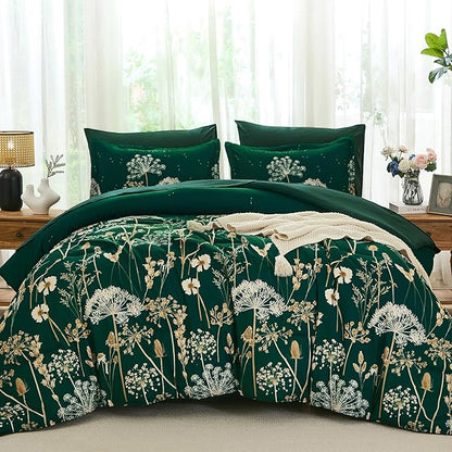 Yiran 7 Piece Comforter Set King Size, Dark Green Dandelion Floral Bedding Set, Botanical Bed in a Bag King, Soft Microfiber Complete Bedding Set with Comforter, Sheets, Pillowcases & Shams
