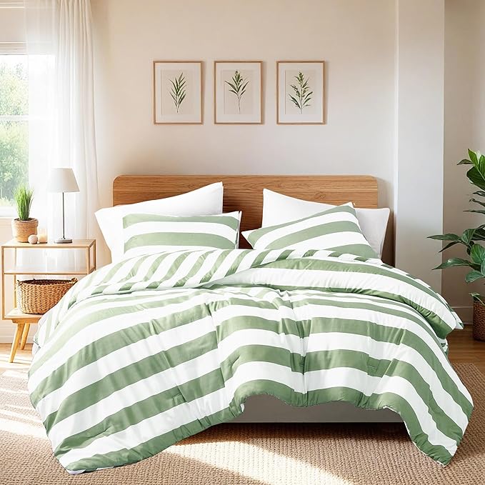Reversible Striped Queen Comforter Set, Soft Microfiber Bedding Set with Double-sided Stripes Design, Warm & Cozy for All-Seasons, 3-Piece Comforter and Shams Set Queen Size, Sage Green