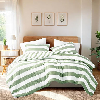 Reversible Striped Queen Comforter Set, Soft Microfiber Bedding Set with Double-sided Stripes Design, Warm & Cozy for All-Seasons, 3-Piece Comforter and Shams Set Queen Size, Sage Green