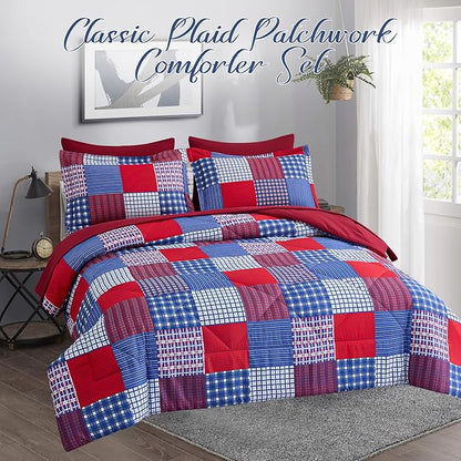 Comforter Set King Size Plaid Patchwork Comforter Bedding-7 Piece Bed in a Bag,Soft Reversible Microfiber Bedding Set(1 Comforter,1 Flat Sheet,1 Fitted Sheet,2 Pillowcases,2 Pillow Shams)Red Blue