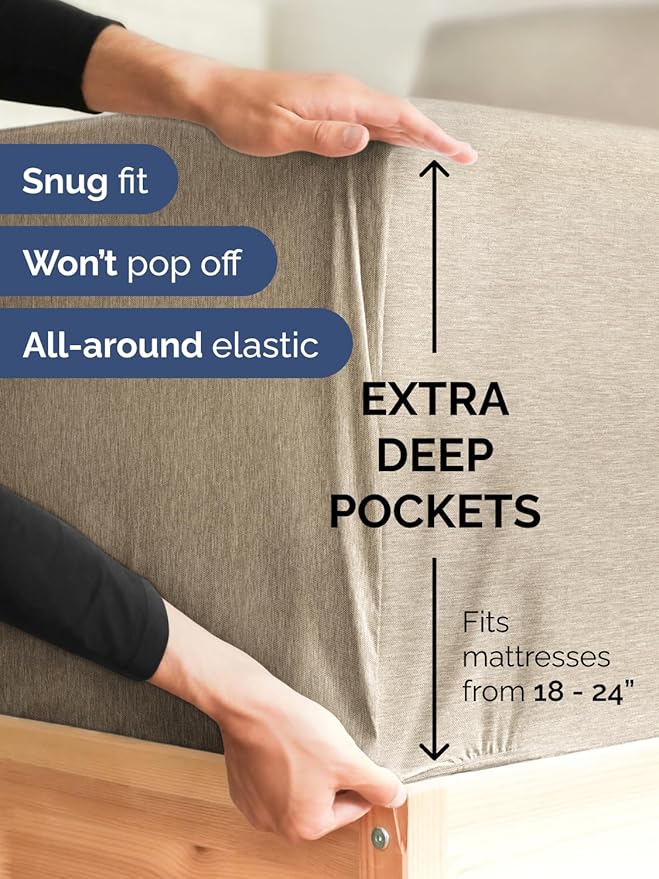 Extra Deep Split King Sheet Set - 7 Piece Breathable and Cooling Sheets - Hotel Luxury Bedding for Women, Men, Kids & Teens - Secure Fit - Soft and Wrinkle Free - Extra Deep Pockets - Heathered Beige