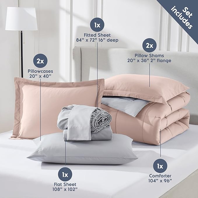 Nestl 7 Piece California King Comforter Set – Blush Pink Reversible Bed in a Bag – Complete Cal King Size Bedding Set with Sheets, Pillowcases and Shams