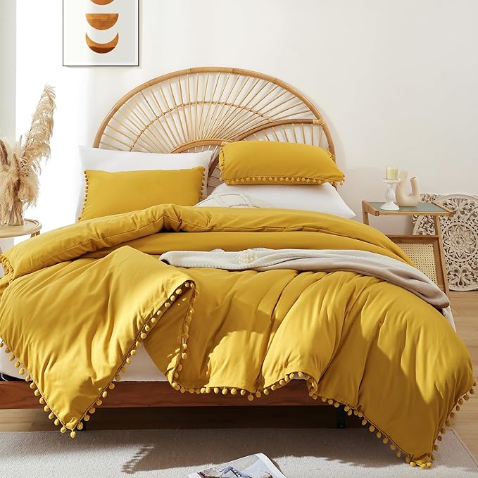 YIRDDEO Queen Comforter Set - Comforter Queen Size Sets with Ball Pom Fringe, Soft Bedding Set for All Seasons - 3 Pieces, 1 Comforter (90"x90") & 2 Pillow Shams (20"x26"), Mustard Yellow