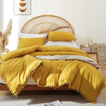 YIRDDEO Full Size Comforter Sets - Full Size Comforter with Ball Pom Fringe, Soft Bedding Set for All Seasons - 3 Pieces, 1 Comforter (79"x90") & 2 Pillow Shams(20"x26"), Mustard Yellow