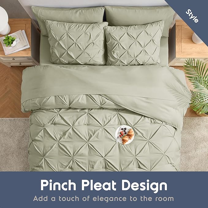 Nestl King Size Comforter Set 7 Pieces - Pinch Pleated Comforter Set Light Sage, Bed in a Bag, All Season Bed Set, King Bedding Set with Flat Sheet, Fitted Sheet, Pillowcases and Shams