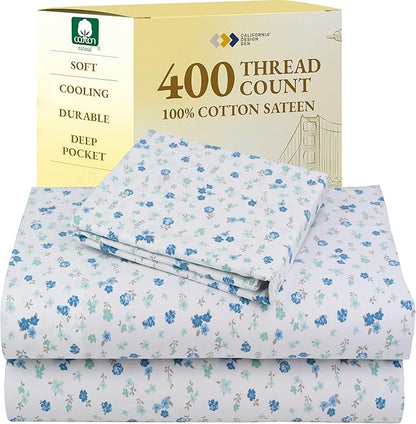 California Design Den Deep Pocket Twin Sheets Set - 400 Thread Count Sateen, Natural 100% Cotton Sheets, and Durable Bedding Set - Blooming Meadows
