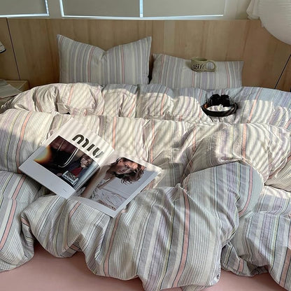 HighBuy Farmhouse Striped Comforter Set Full Size,Fluffy Soft Stripes Comforter with 2 Pillowcases,Modern Chic Vintage Comforter for All Seasons,Breathable Soft Striped Bedding Set
