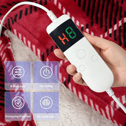 Electric Blanket Heated Throw, Soft Flannel 50"x60" Plaid Heating Blanket with 8 Hours Auto Off 10 Fast Heating Levels Machine Washable Sherpa Heated Blanket with Overheating Protection