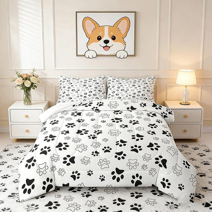 Manfei Dog Paw Print Comforter Set King Size, White and Black Animal Footprint Down Comforter, Animal Theme Bedding Set for Kids Boys Girls Room Decor, Lightweight Duvet Insert,2 Pillowcases