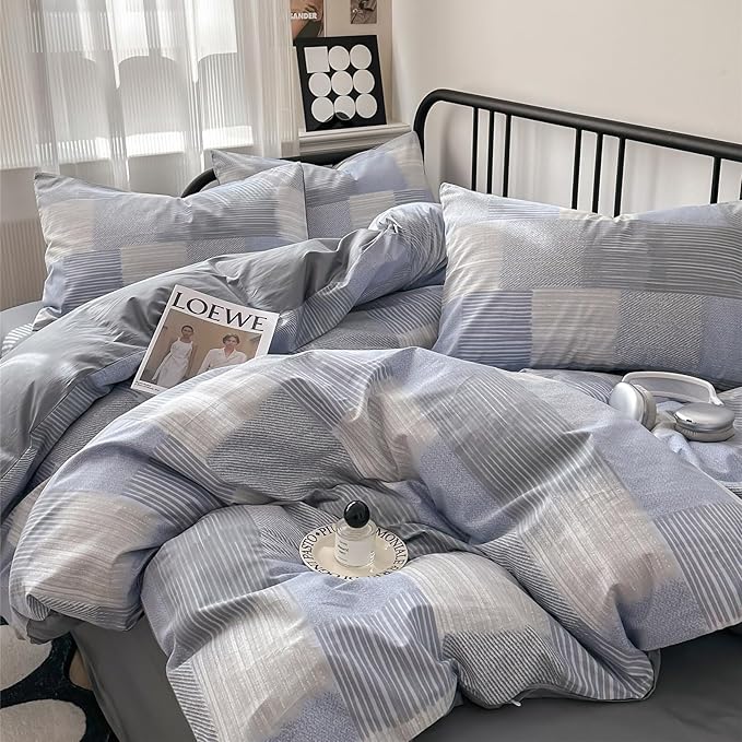 HighBuy Grey Blue Grid Comforter Set Queen Size 3 Piece Gingham Bedding Checkered Stripe Patchwork Comforter Queen with 2 Plaid Pillowcases Boho Comforter Set Striped Art Decor Bedding Set