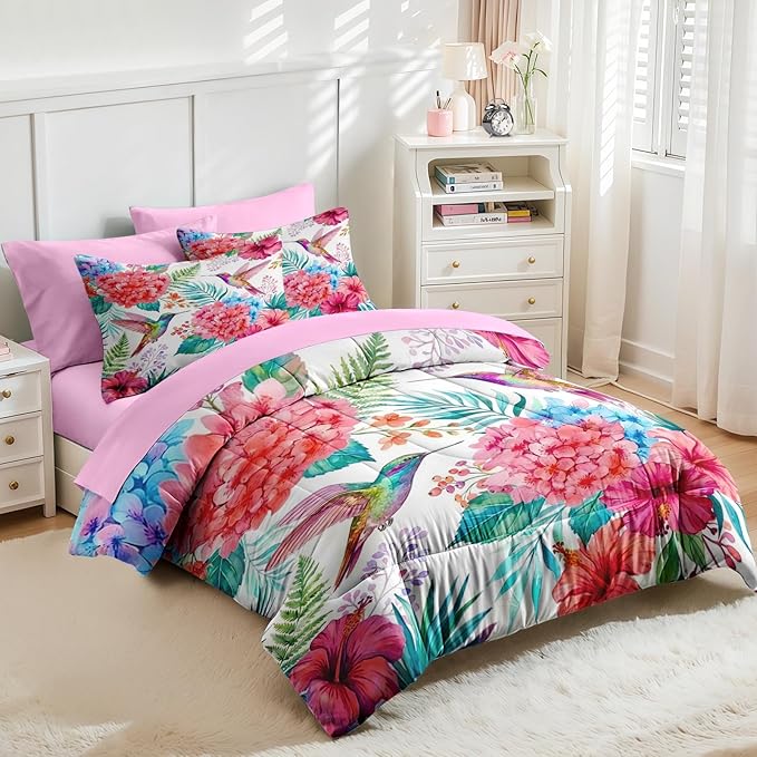 Nesker 7 Pcs Spring Comforter Set Full Size, Hummingbird Floral Bedding Set for Kids and Adults, Pink Tropical Botanical Bed Sheet Sets with Fitted Sheet 2 Pillowcases & 2 Shams