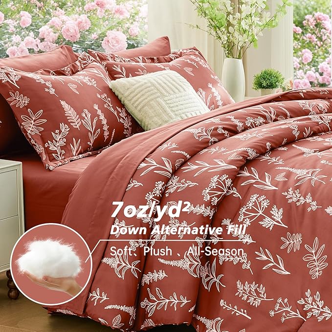 MUXHOMO Terracotta Full Comforter Set, Elegant Floral Print Bed in a Bag 7 Pieces, Ultra Soft & Breathable Reversible Botanical Pattern Bedding Set with Comforter, Sheets, Pillowcases, and Shams