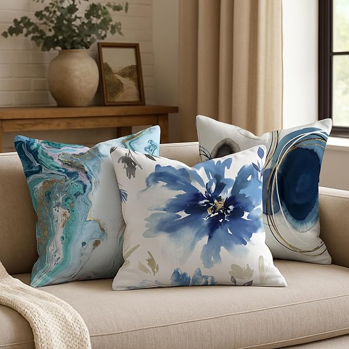 Americanflat 20x20 Throw Pillow with Sewn-in Insert - All-in-One Decorative Pillows - No Cover Needed - Soft and Durable Cushion for Bed or Sofa - Polyester - White and Indigo